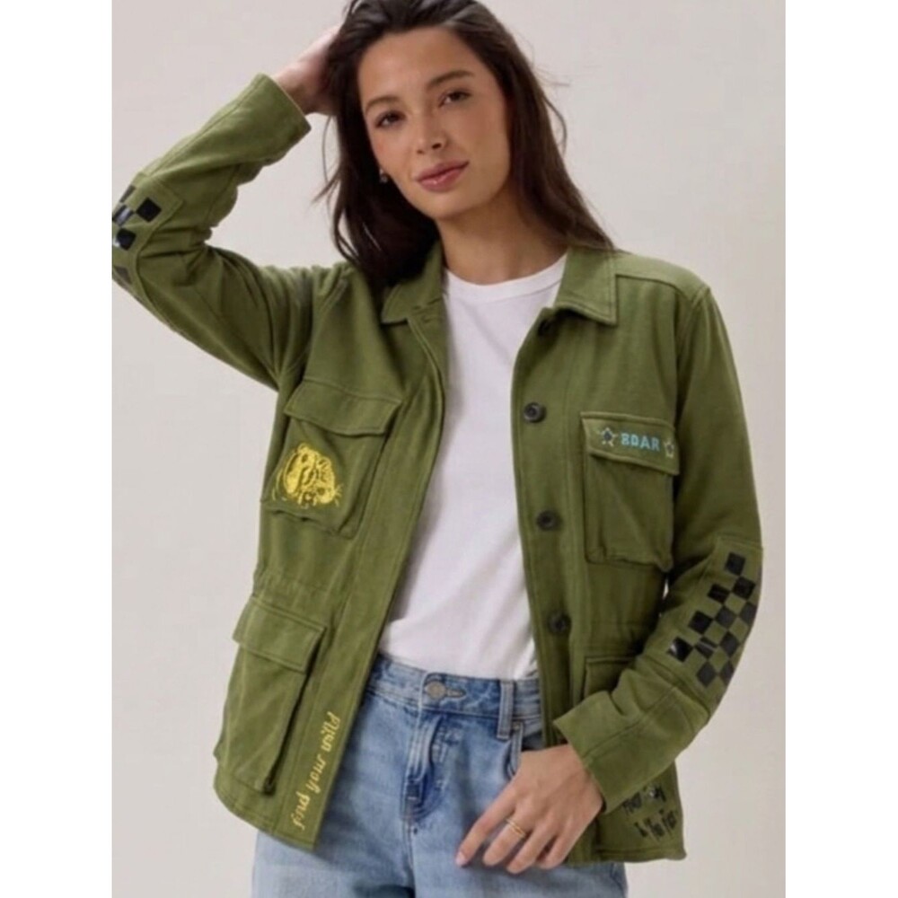 Attic Salt Embroidered Graphic Knit Military Jacket Womens Size Large Anorak Y2K